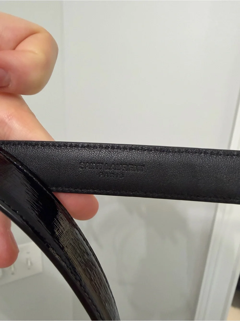 Saint Laurent Black Patent Leather Belt with Silver YSL Accent